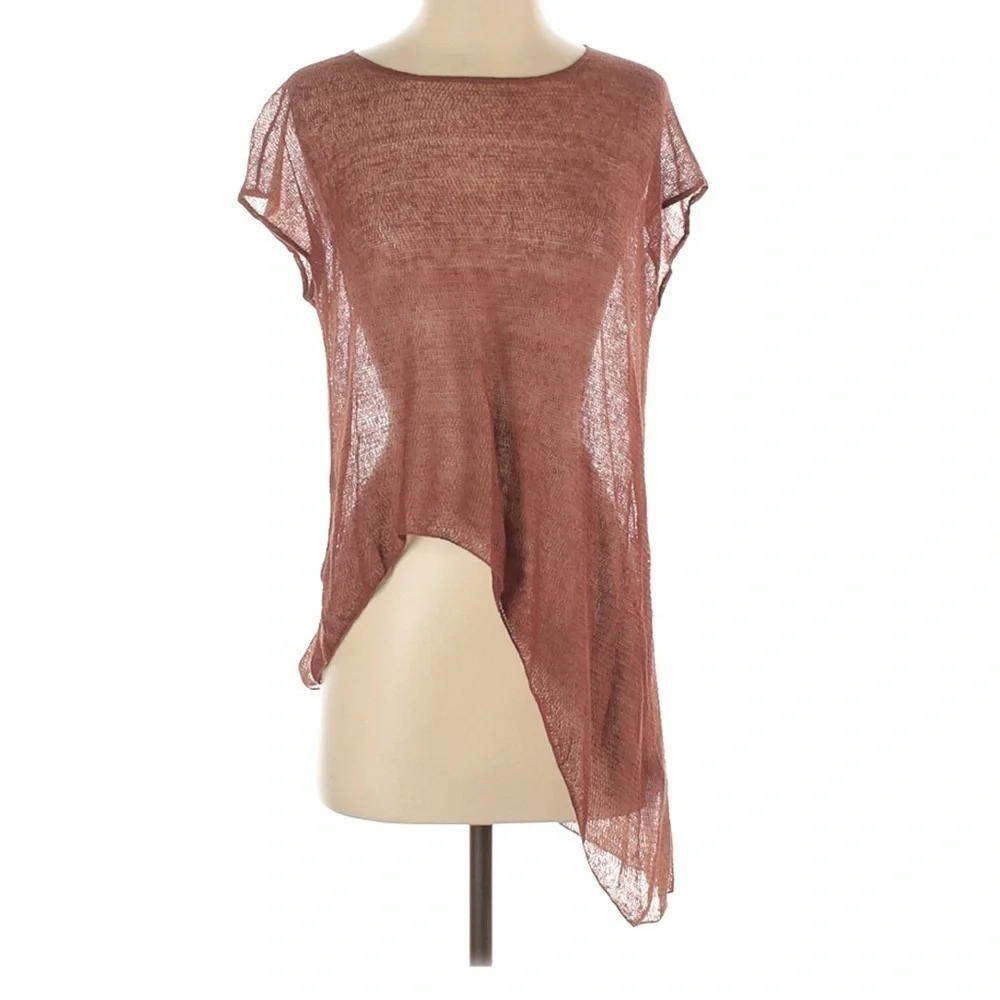 Eileen Fisher Sheer Hemp Knit Asymmetrical Hem Short Sleeve Shirt Top Blouse NWT
